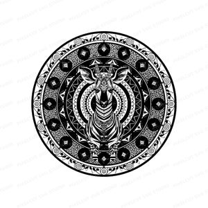May include: A black and white circular graphic design featuring a stylized okapi head at the center. The okapi is surrounded by intricate geometric patterns, including concentric circles, stippled textures, and repeating floral motifs.