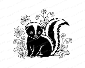 Baby Skunk Clover Linocut SVG PNG | Strawberry Flower Illustration (Digital Download)