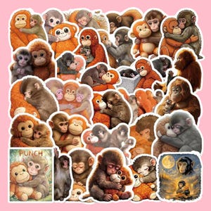 May include: A sheet of monkey stickers in various poses, including hugging and cuddling. The stickers feature monkeys in shades of brown, orange, and grey, with some holding plush toys. The background is a light pink.