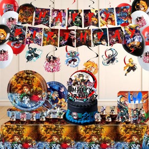 May include: A birthday party set-up featuring a black cake, plates, cups, and balloons. The decorations are themed around a popular anime series. The cake is topped with a "Happy Birthday" sign. The table is covered with a themed tablecloth.