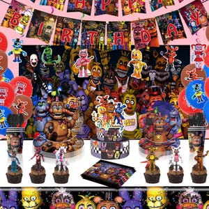 Set di decorazioni per la festa di compleanno di Five Nights at Freddy's per bambini: striscione/telo di sfondo/decorazione per la torta/palloncini/stoviglie, articoli per feste a tema videogiochi per bambini.