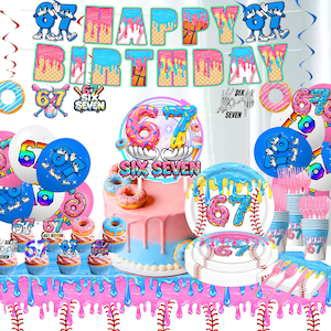 Puede incluir: Una colorida escena de fiesta de cumpleaños con una tarta, cupcakes, globos y vajilla. El tema incluye béisbol y donuts, con el número 67 en un lugar destacado. Las palabras "Happy Birthday" están en la parte superior.