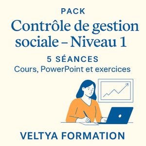 Peut inclure: Illustration promotionnelle pour un cours. Le texte indique "PACK Contrôle de gestion sociale - Niveau 1" et "5 SÉANCES". Une femme est représentée travaillant sur un ordinateur portable. Le texte "VELTYA FORMATION" est en bas.