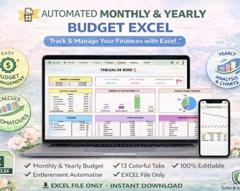 Automated Monthly & Yearly Budget Excel | Personal Finance Tracker | Expenses, Savings and Debt Planner | Editable Spreadsheet