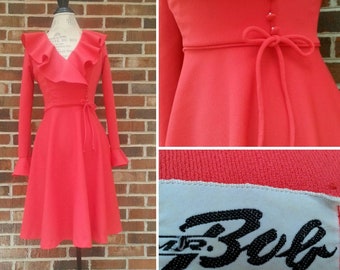 Vintage 1960s 1970s Mini Dress By Mr Bob Of California Mod Dollybird Biba Inspired Ruffle Neckline And Cuff Size Small