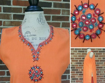 Vintage 1970s Sleeveless Dashiki Tunic Orange and Blue Linen Hippie Psychedelic Boho Retro Beach Festival Wear Small Medium S M XS