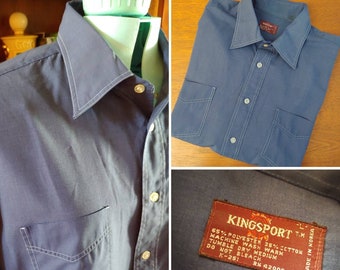 Vintage 1970s Navy Blue Short Sleeve Men's Shirt By Kingsport With White Contrast Stitch Rockabilly Retro Mod Mid Century Medium Large M L