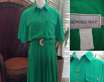 Vintage 1980s Howard Wolf Belted Dress In Emerald Green With Jeweled Buttons and Pleated Skirt Medium Large M L