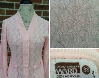 Vintage 1960s Cotton Candy Pink Cardigan Sweater By Montgomery Ward Retro Rockabilly Boho Mid Century Kitsch Kitschy Medium Large M L