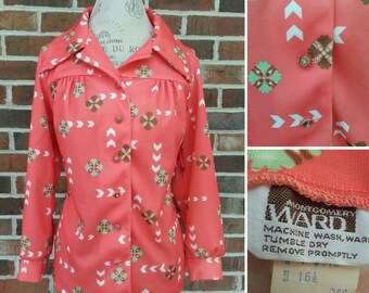 1970s Montgomery Ward Blouse Shirt Top Long Sleeve Big Pointy 70s Collar Coral Green Brown White Kitschy Retro Medium Large M L