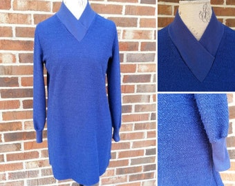 Vintage 1970s Royal Blue Terry Long Sleeve Mod Mini Dress Sportswear Modette Northern Soul Retro GoGo Hippie Boho Bohemian Small Medium S M