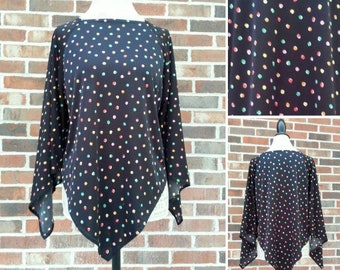 Vintage 1970s Disco Era Bat Angel Wing Handkerchief Top Blouse Shirt Black With Red Green Pink Yellow Orange Polka Dots Retro Small Medium