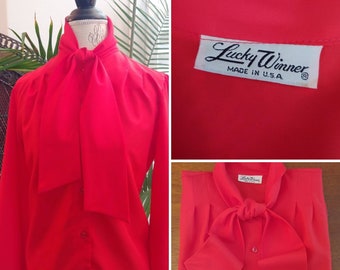 Vintage 1970s Pussy Bow Blouse In Bright Red By Lucky Winner