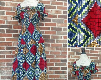 1970s Abstract Pattern Hippie Prairie Maxi Dress Boho Bohemian Chic Red Gold Green And Blue Mid Century MCM Retro Red Blue Gold Small S