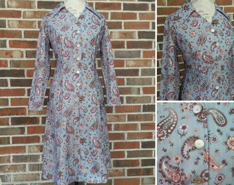 Vintage 1970s Paisley Print Dolly Dress Retro Dollybird Hippie Boho Bohemian Chic Mod Mid Century Kitsch Kitschy Blue Pink Medium Large M L