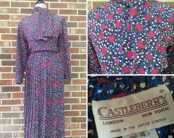 1970s Castleberry Cherry Or Flower Print Blouse And Skirt Set In Red Blue and White Retro Chic Boho Abstract Pleated Designer Disco Era