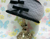 Vintage 1960s Pillbox Hat Black And White Straw Tulle Netting And Bows Mid Century Easter Wedding Garden Party Funeral Dressy Medium M