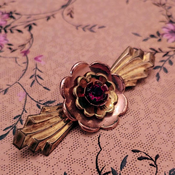 Vintage 1940s Gold And Rose Gold Art Deco Flower Brooch With Faux Garnet By Harry Iskin Retro Rockabilly Pin Up Granny Chic