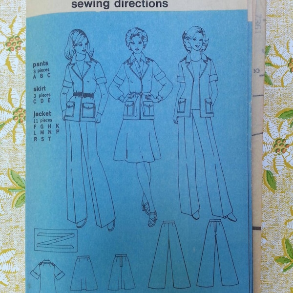 Vintage 1976 Simplicity Pantsuit Skirt Set Pattern 7361 Size 18.5 Bust 41 Waist 35 Leisure Suit Retro Groovy Bell Bottoms Kitsch Large XL
