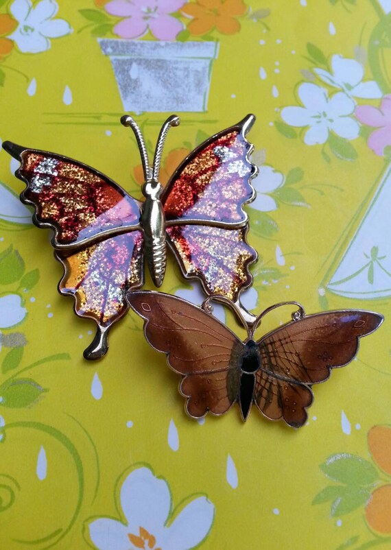 Vintage 1970s Enamel Butterfly Pins Set Of Two 2 G