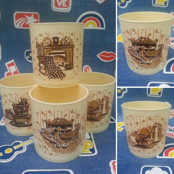 Vintage 1970s Colonial Revival Themed Plastic Tumblers Set of Four 4 Vanilla and Brown Home And Hearth Coloniawful Bicentennial Kitsch