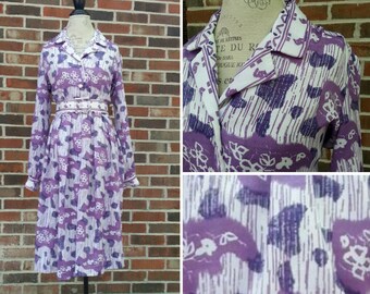 1960s Purple and White Abstract Floral Pattern Belted Shirtwaist Dolly Dress Mid Century Mod Atomic Retro Flower Dollybird Medium Large