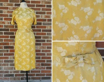 Vintage 1950s 1960s Gold Satin Wiggle Dress Cocktail Gown Asian Cheongsam Glam Mid Century MCM Retro Rockabilly Prom Dance Wedding Medium M