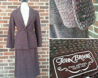1970s Does 1940s 2 Two Piece Suit Skirt Blazer Jacket Set By John Brooks Tweed Wool Horsey Set Retro Secretary Rockabilly Small S Medium M