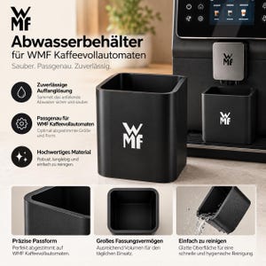 Könnte beinhalten: Ein schwarzer WMF Abwasserbehälter für Kaffeevollautomaten. Der quadratische, mattschwarze Behälter trägt das weiße WMF-Logo auf der Vorderseite. Er ist speziell für die Verwendung mit WMF Kaffeevollautomaten zur sicheren Auffangung von Abwasser konzipiert.