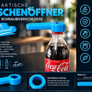 Könnte beinhalten: Ein hellblauer Kunststoff-Flaschenöffner mit Hebelgriff und gezahntem Innenring für Schraubverschlüsse. Das Werkzeug ist auf einer Coca-Cola-Flasche abgebildet, mit Maßangaben von ca. 14 cm Länge und 3,5 cm Breite für die Handhabung.