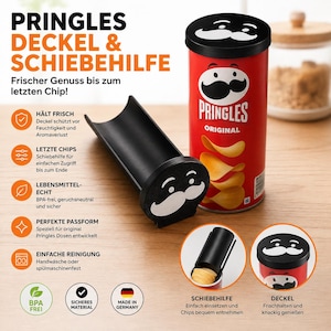 Könnte beinhalten: Ein schwarzer Pringles-Chip-Schieber und ein schwarzer Deckel mit weißem Schnurrbart-Logo neben einer roten Pringles Original Dose. Das Bild enthält deutschen Text zu Merkmalen wie Frische, Lebensmittelechtheit und Spülmaschinenfestigkeit.