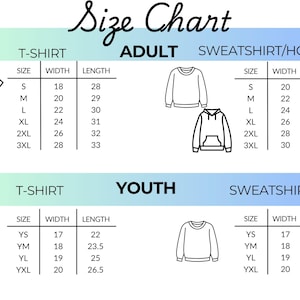 K&ouml;nnte beinhalten: Gr&ouml;&szlig;entabelle f&uuml;r T-Shirts und Sweatshirts f&uuml;r Erwachsene und Jugendliche. Enth&auml;lt Gr&ouml;&szlig;en-, Breiten- und L&auml;ngenmessungen in cm f&uuml;r verschiedene Gr&ouml;&szlig;en, von S bis 3XL f&uuml;r Erwachsene und Jugendgr&ouml;&szlig;en.