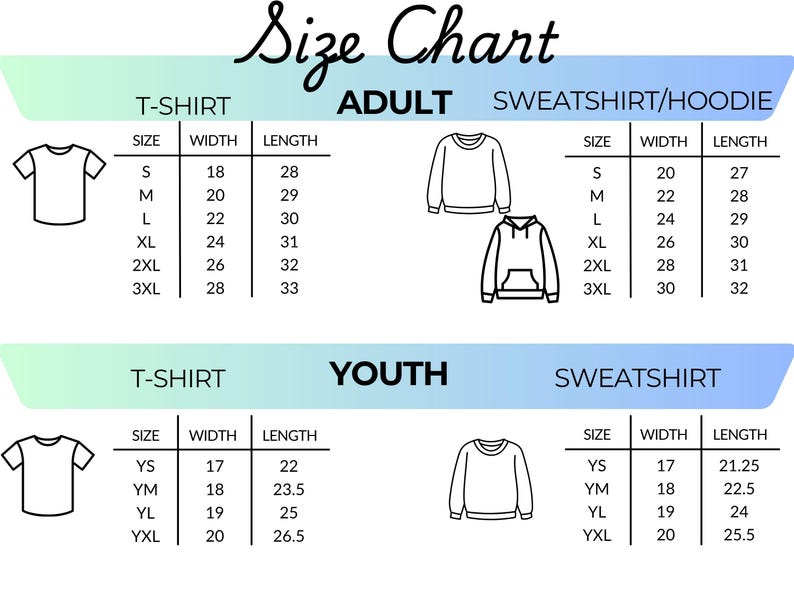 K&ouml;nnte beinhalten: Gr&ouml;&szlig;entabelle f&uuml;r T-Shirts und Sweatshirts f&uuml;r Erwachsene und Jugendliche. Enth&auml;lt Gr&ouml;&szlig;en-, Breiten- und L&auml;ngenmessungen in cm f&uuml;r verschiedene Gr&ouml;&szlig;en, von S bis 3XL f&uuml;r Erwachsene und Jugendgr&ouml;&szlig;en.