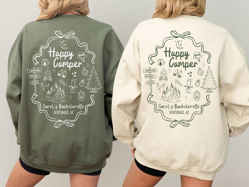 Custom Camp Bachelorette Sweatshirt, Happy Camper Bride Crewneck, Cabin Crew Bach Party Tee, Camping Girls Trip Outfit, Cozy Bach Gift Bild 3