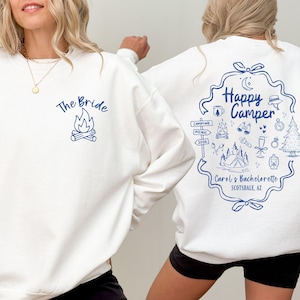 Custom Camp Bachelorette Sweatshirt, Happy Camper Bride Crewneck, Cabin Crew Bach Party Tee, Camping Girls Trip Outfit, Cozy Bach Gift