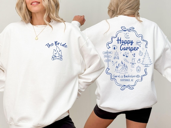 Custom Camp Bachelorette Sweatshirt, Happy Camper Bride Crewneck, Cabin Crew Bach Party Tee, Camping Girls Trip Outfit, Cozy Bach Gift