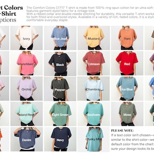 Puede incluir: Imagen de producto que muestra una variedad de camisetas Comfort Colors C1717 en varios colores. La imagen muestra las camisetas en colores como blanco, marfil, azul vaquero, mostaza y m&aacute;s. El texto de la imagen dice "Comfort Colors C1717 T-Shirt Color Options."