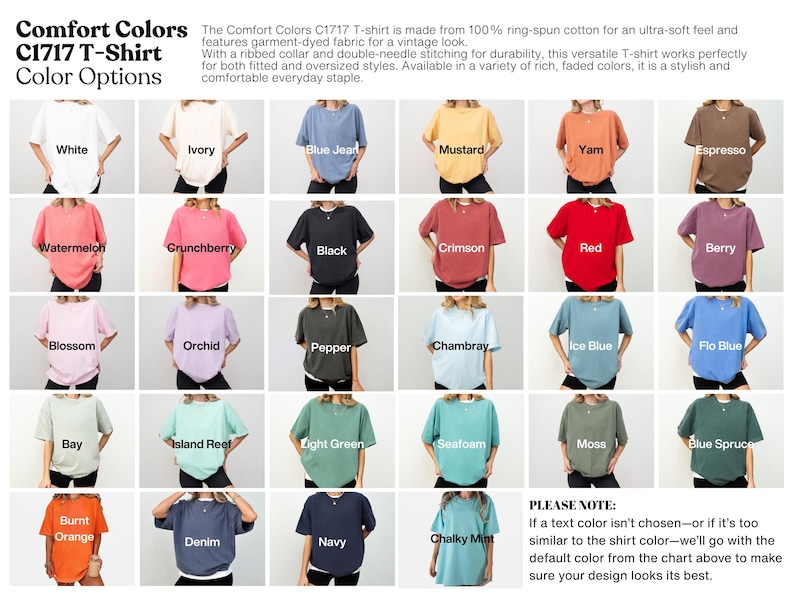 Puede incluir: Imagen de producto que muestra una variedad de camisetas Comfort Colors C1717 en varios colores. La imagen muestra las camisetas en colores como blanco, marfil, azul vaquero, mostaza y m&aacute;s. El texto de la imagen dice "Comfort Colors C1717 T-Shirt Color Options."