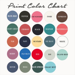Puede incluir: Una carta de colores de impresi&oacute;n con una variedad de colores en muestras circulares. Los colores incluyen azul vaquero, pimienta, crunchberry, marfil, espresso, verde claro, carmes&iacute;, negro, espuma de mar, sand&iacute;a, &ntilde;ame, azul marino, mostaza, azul hielo, blanco, baya, azul flo, rojo, bah&iacute;a, arrecife de isla, mezclilla, musgo, abeto azul y menta tiza.