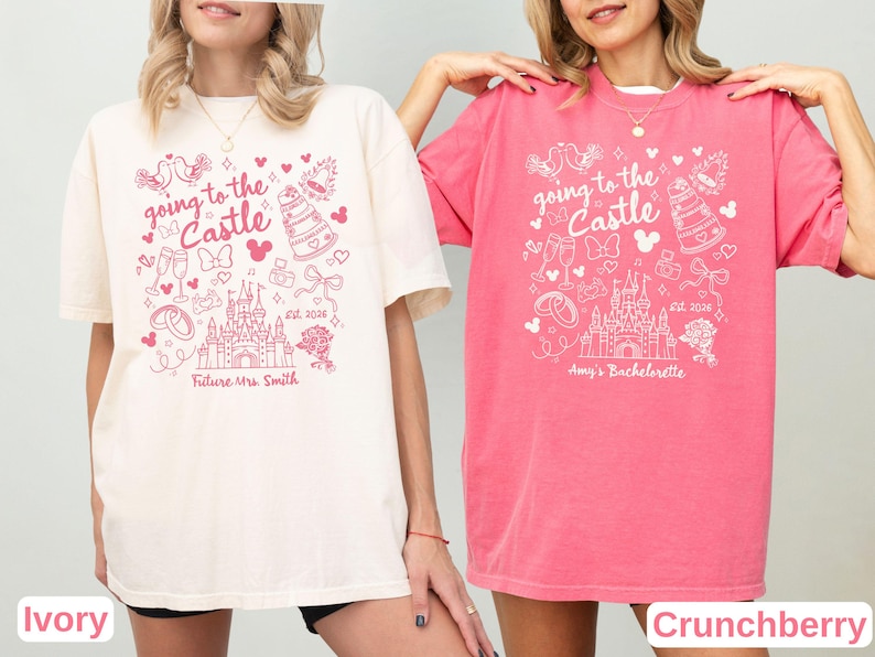 May include: Two t-shirts, one ivory and one crunchberry, with a pink graphic. The graphic includes the text "going to the Castle", a castle illustration, and other wedding-themed icons. The ivory shirt says "Future Mrs. Smith" and the crunchberry shirt says "Amy's Bachelorette".