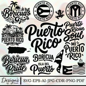 May include: A collection of black graphic designs featuring Puerto Rico themes, including the text Boricua, Puerto Rico, Puerto Rican Soul, and Mi Puerto Rico, alongside illustrations of palm trees, a lighthouse, a coqui frog, and the island map.