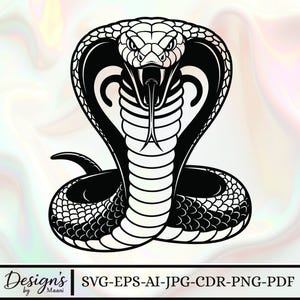 May include: Black and white cobra illustration with its hood flared and tongue extended. The design features intricate details of the snake's scales and facial features. The text "Design's by Maani" and file type options are at the bottom.