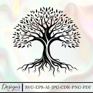 May include: A black tree silhouette with roots and branches, featuring leaves. The image includes the text "Design's by Maani" and file type options: SVG-EPS-AI-JPG-CDR-PNG-PDF.