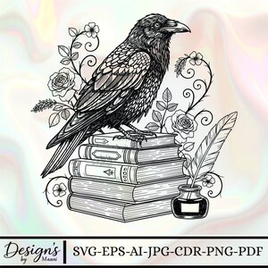 May include: Black and white illustration of a raven perched atop a stack of books, surrounded by roses and vines. A quill and inkwell are also present. The image includes the text "Design's by Maani" and file type options.