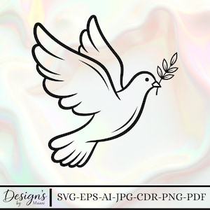 May include: Black and white line art of a dove in flight, carrying an olive branch in its beak. The dove has outstretched wings and is set against a soft, multi-colored background. The text "Design's by Maani" and file type options are at the bottom.