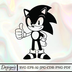 May include: Black and white illustration of Sonic the Hedgehog giving a thumbs up. The character has a white belly, gloves, and shoes. The image includes the text "Design's by Maani" and file type options: SVG-EPS-AI-JPG-CDR-PNG-PDF.