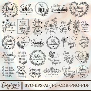 Puede incluir: Una colección de diseños gráficos digitales en blanco y negro con frases en alemán, coronas florales, corazones, mariposas e ilustraciones botánicas. El texto incluye expresiones como Danke, Glück, Familie y Liebe, dispuestas en una cuadrícula.