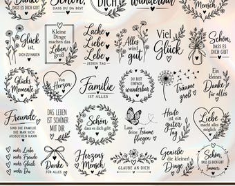 May include: A collection of black and white digital graphic designs featuring German phrases, floral wreaths, hearts, butterflies, and botanical illustrations. The text includes expressions like Danke, Glück, Familie, and Liebe, arranged in a grid format.