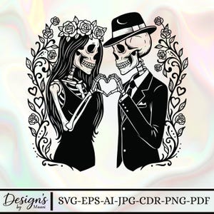 Skeleton Couple Vector Illustration, Skeleton Svg, Png, Skeleton Art, Skeleton Clipart, Skeleton Silhouette, Love Skeletons, Gothic Couple