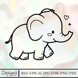 May include: A black and white cartoon elephant illustration with a heart and star. The elephant is walking and has a smiling face. The image includes the text "Design's by Maani" and file type options: SVG-EPS-AI-JPG-CDR-PNG-PDF.